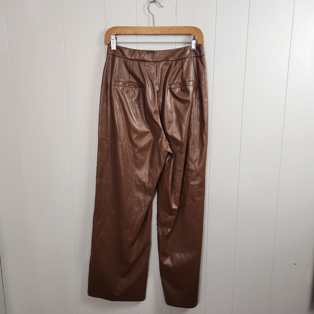 Shein Brown Straight Leg High Waisted Rise Pants Faux Leather Vegan Minimalist - Picture 4 of 12